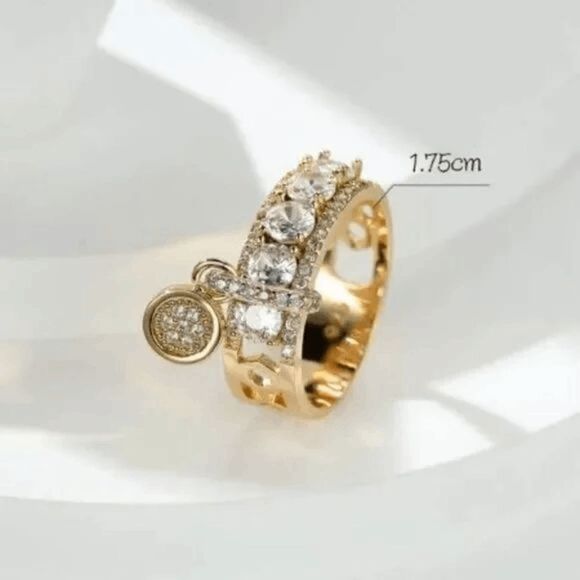 GOLD DIAMOND RING BAND WITH HANGING CHARM - Picture 3 of 10